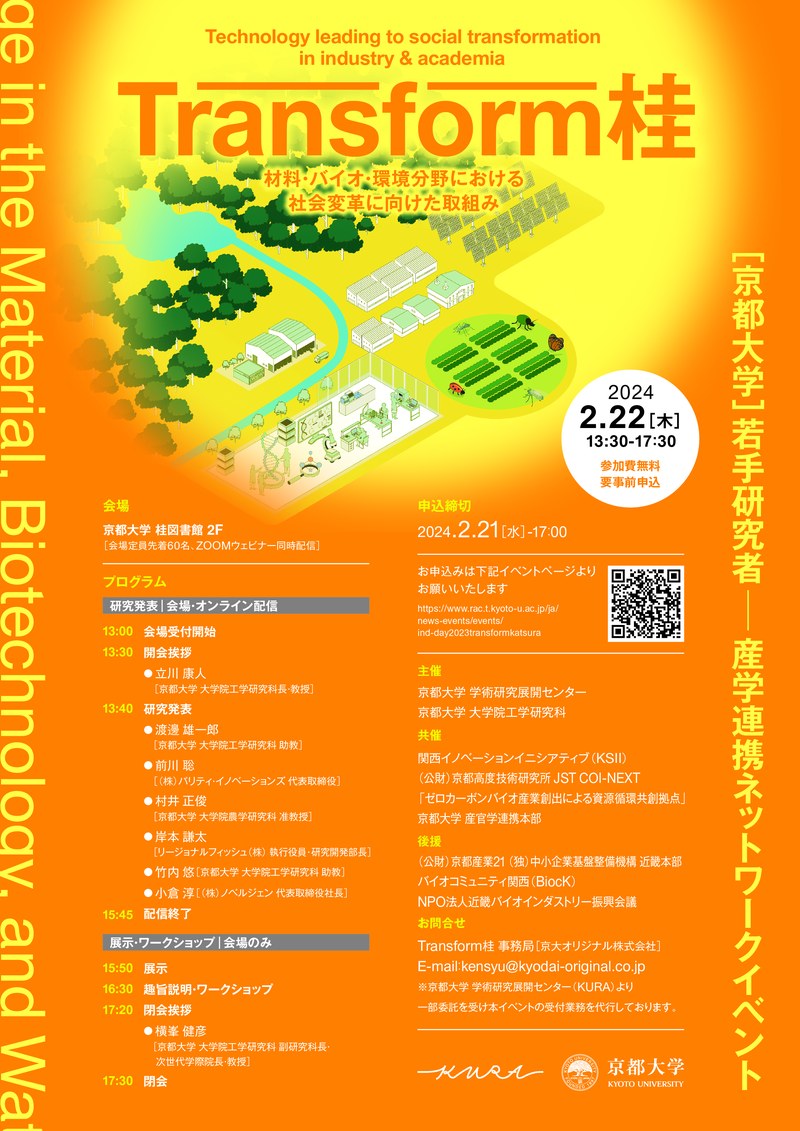 イベント】京都大学 若手研究者産学連携ネットワークイベント：Transform桂（2/22）【要事前申込】 — 京都大学 桂図書館 |  大学院工学研究科・工学部図書室