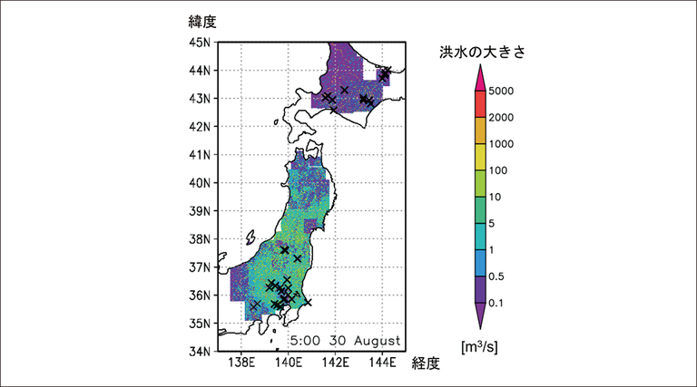 図1．東日本全体を対象にした気候変動下の極端洪水の計算例